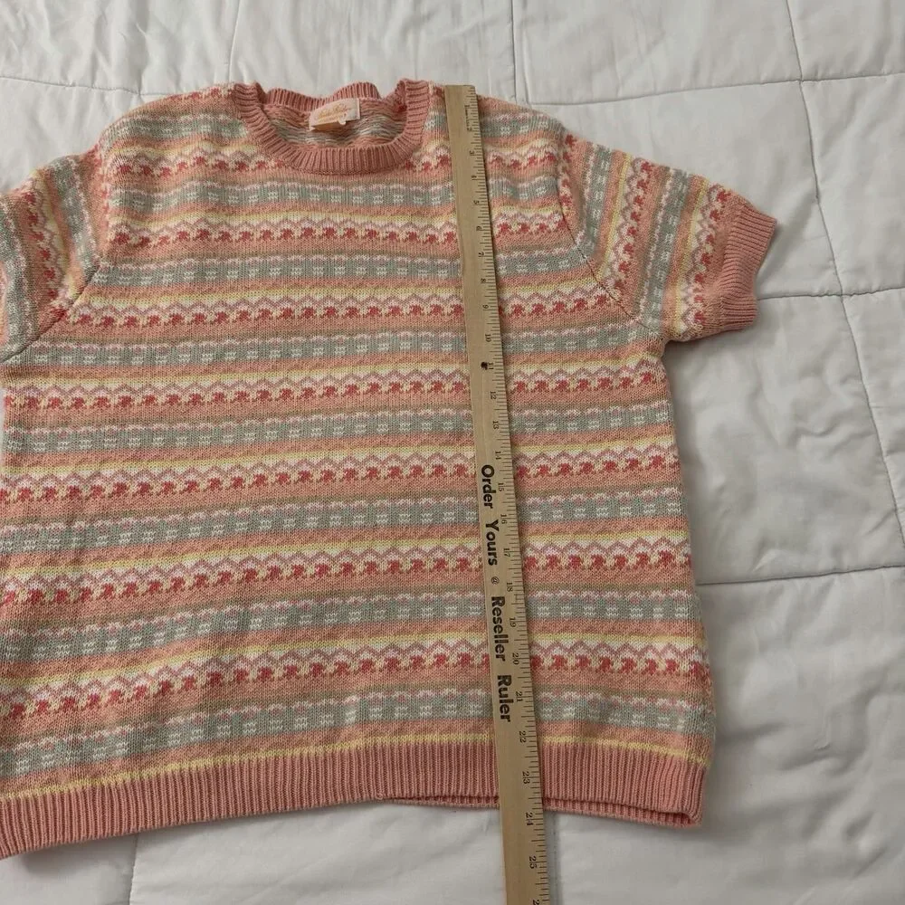 Brooks Brothers Womens XL Fair Isle Knit Sweater‎ Top Pink Cotton Short Sleeve